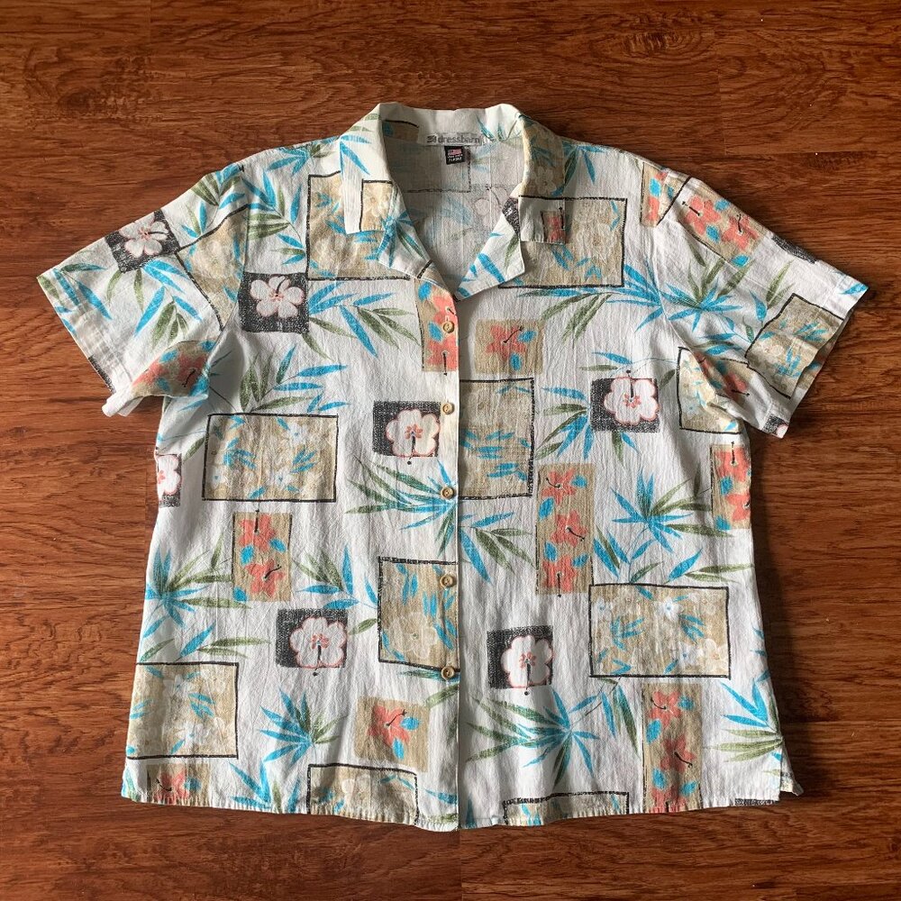 Dressbarn Hawaiian Tropical Floral Button Up Shirt US Womens Size XL in White